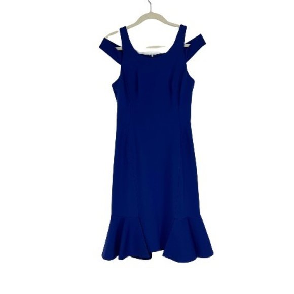 Rebecca Taylor Cold Shoulder Peplum Hem Midi Dress Blue Size 4 - Picture 2 of 7